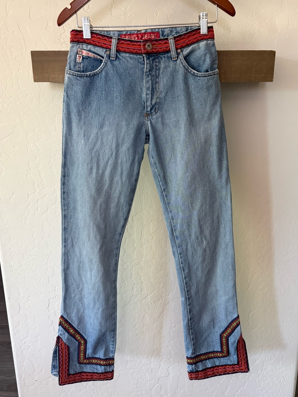 Guess Jeans|VINTAGE y2K Light Blue Straight leg denim,Red Boho Embroidered Trim•